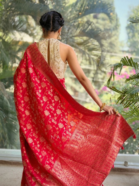 Trishika Red Brocade Silk Saree with Zari Detailing