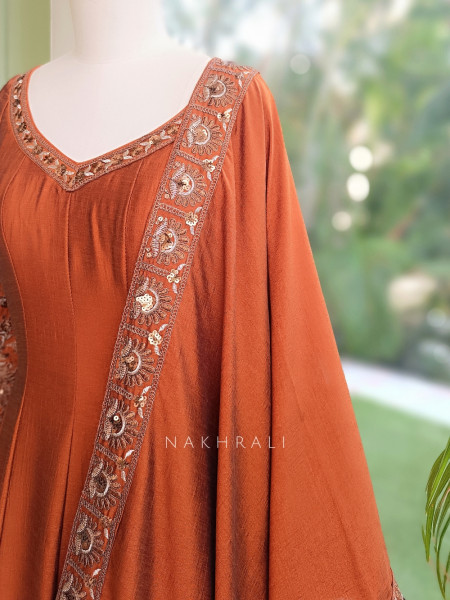 Dastaan Rust Chinon Kalidar Anarkali Set