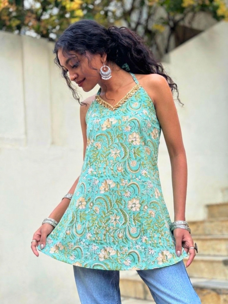 Image of Mirelle Firozi Floral Printed Top with Sequin Neckline