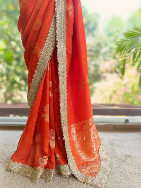 Tavira Orange Saree with Broad Border and Unstitched Blouse Piece