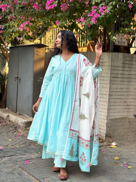 Gulistan Sky Blue Cotton Anarkali Suit Set with Floral Dupatta