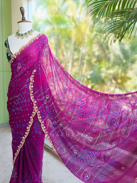 Mehrang Dark Purple Bandhani Saree with Gota Border