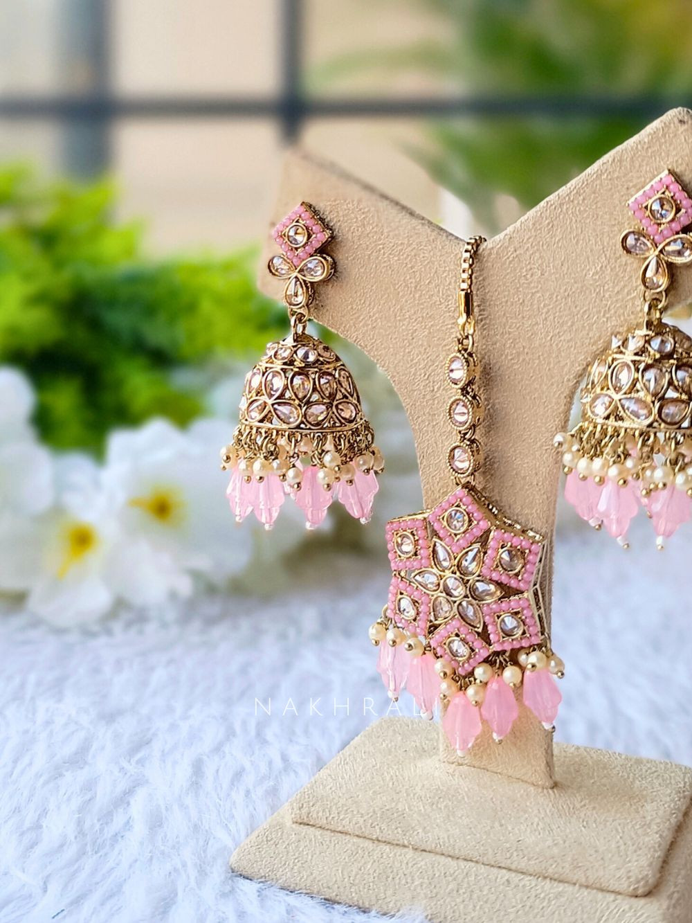 Pink Jhumka Earrings and Mang Tika Set