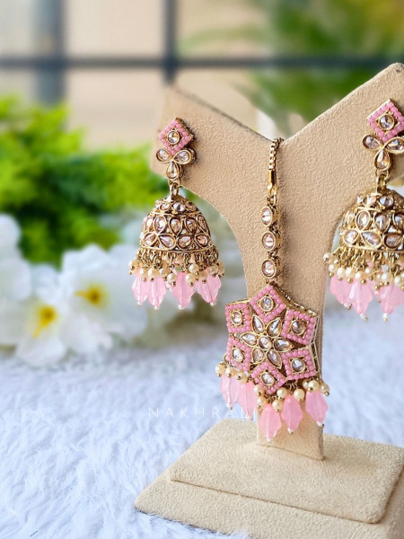 Pink Jhumka Earrings and Mang Tika Set - Main Image