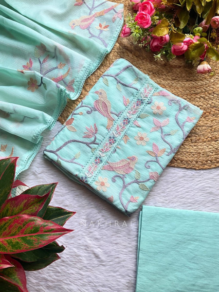 Floral Breeze Sea green Kota Dress Material with Embroidery