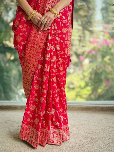 Trishika Red Brocade Silk Saree with Zari Detailing