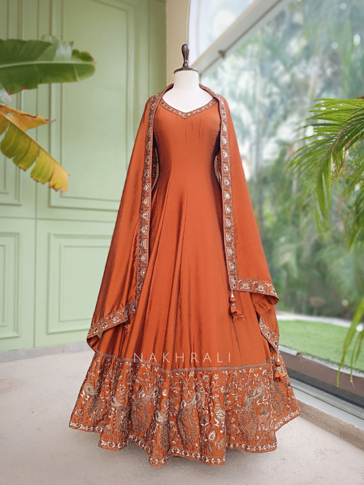 Image of Dastaan Rust Chinon Kalidar Anarkali Set