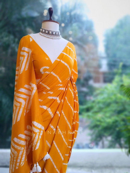 Aarini Yellow Handloom Saree with Contemporary Block Print