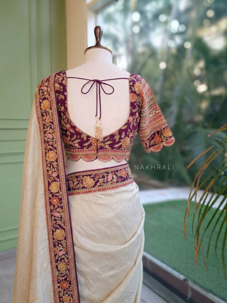 Mehr Cream & Wine Fusion Saree