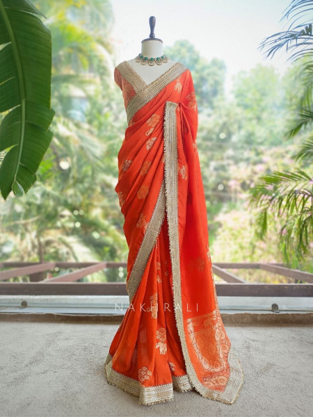 Tavira Orange Saree with Broad Border and Unstitched Blouse Piece