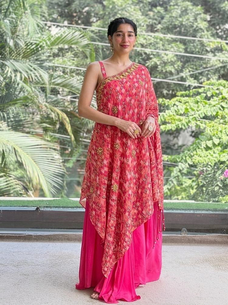 Image of Harlequin Pink Georgette One-Shoulder Kaftan Indo-Western Set