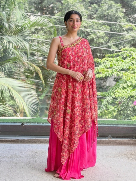 Harlequin Pink Georgette One-Shoulder Kaftan Indo-Western Set