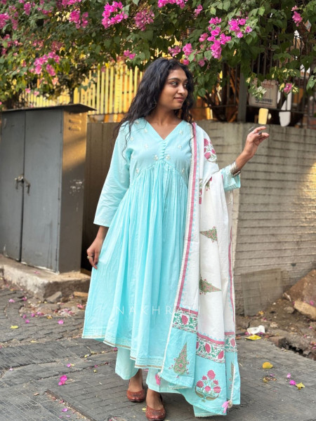 Gulistan Sky Blue Cotton Anarkali Suit Set with Floral Dupatta