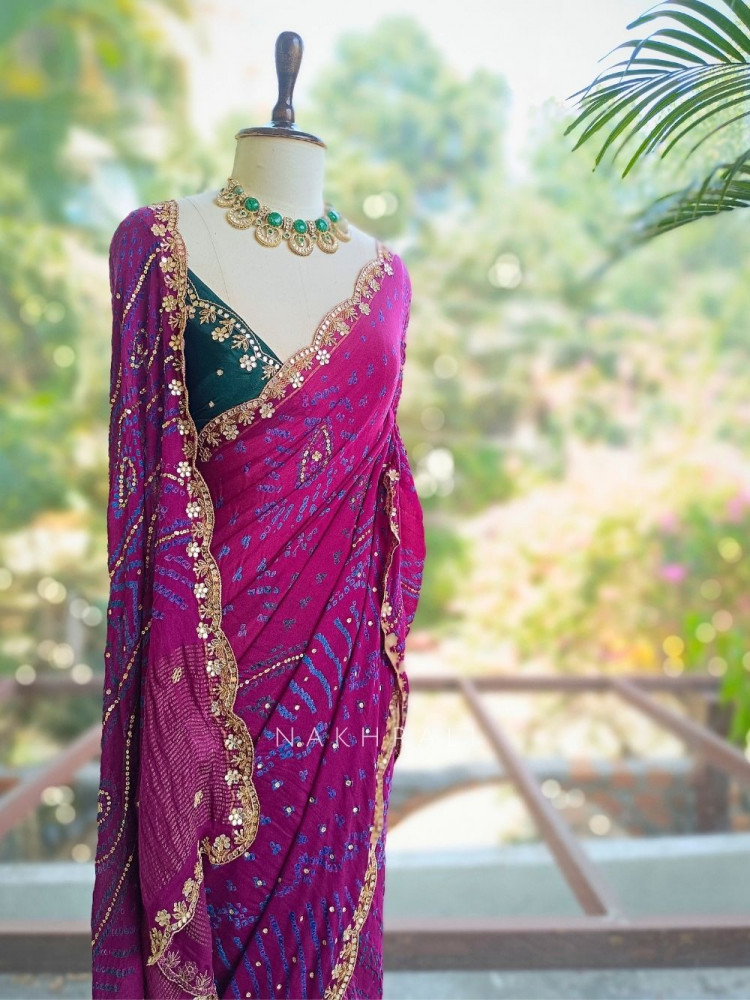 Image of Mehrang Dark Purple Bandhani Saree with Gota Border