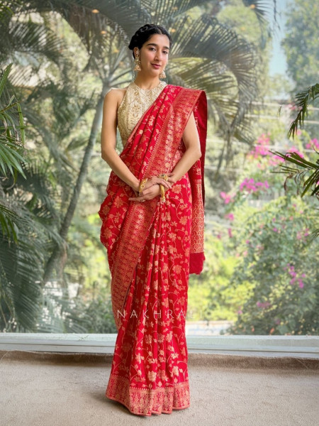 Trishika Red Brocade Silk Saree with Zari Detailing