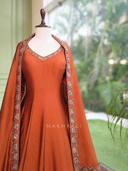Dastaan Rust Chinon Kalidar Anarkali Set