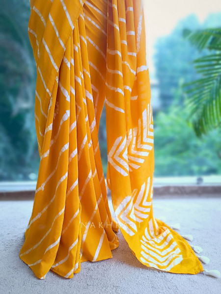 Aarini Yellow Handloom Saree with Contemporary Block Print