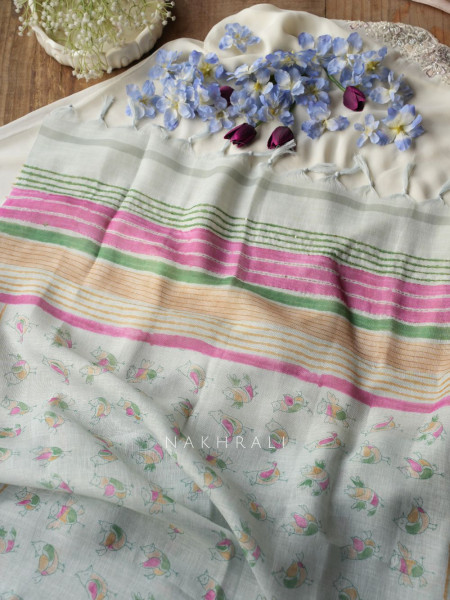Panchi Pista Green Twill Blend Dress Material with Bird Thread Embroidery