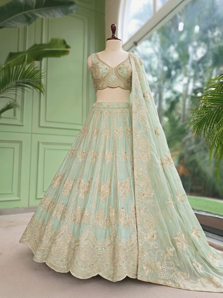 Pank Pista Green Banarasi Silk Lehenga Set With Sequin Floral & Paisley Work