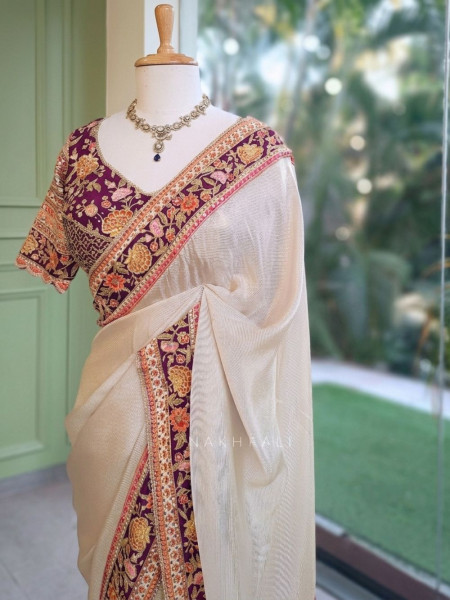 Mehr Cream & Wine Fusion Saree