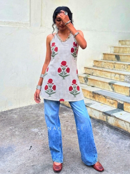 Mirelle Off white Floral Printed Top with Sequin Neckline
