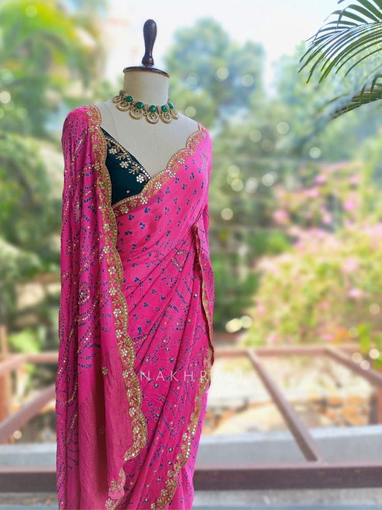 Image of Mehrang Magenta Bandhani Saree with Gota Border