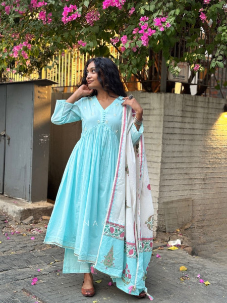 Gulistan Sky Blue Cotton Anarkali Suit Set with Floral Dupatta