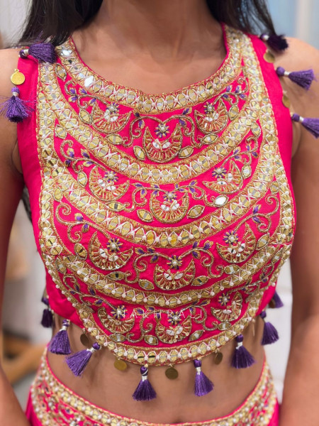 Shivora Magenta Indo-Western Crop Top Set with Mirror Cut Dana Work