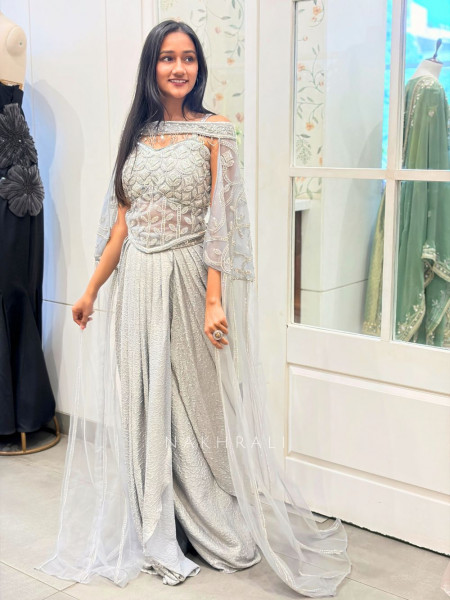 Naya Grey Indo-Western Crop Top Skirt Set with Cut Dana Sequin Work