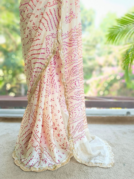 Mehrang cream Bandhani Saree with Gota Border
