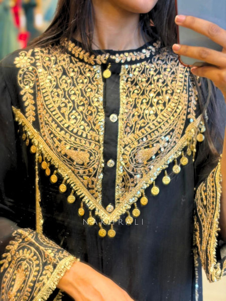 Nisaar Black Indo Western Dhoti Set with Sequin Coin Tassel Work