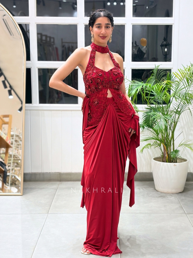 Image of Rivya Embroidered Halter Crop Top with Draped Skirt Set