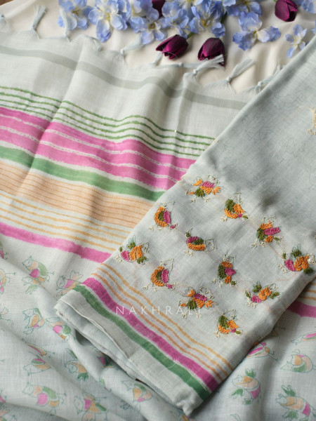 Panchi Pista Green Twill Blend Dress Material with Bird Thread Embroidery