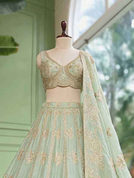 Pank Pista Green Banarasi Silk Lehenga Set With Sequin Floral & Paisley Work