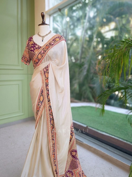 Mehr Cream & Wine Fusion Saree