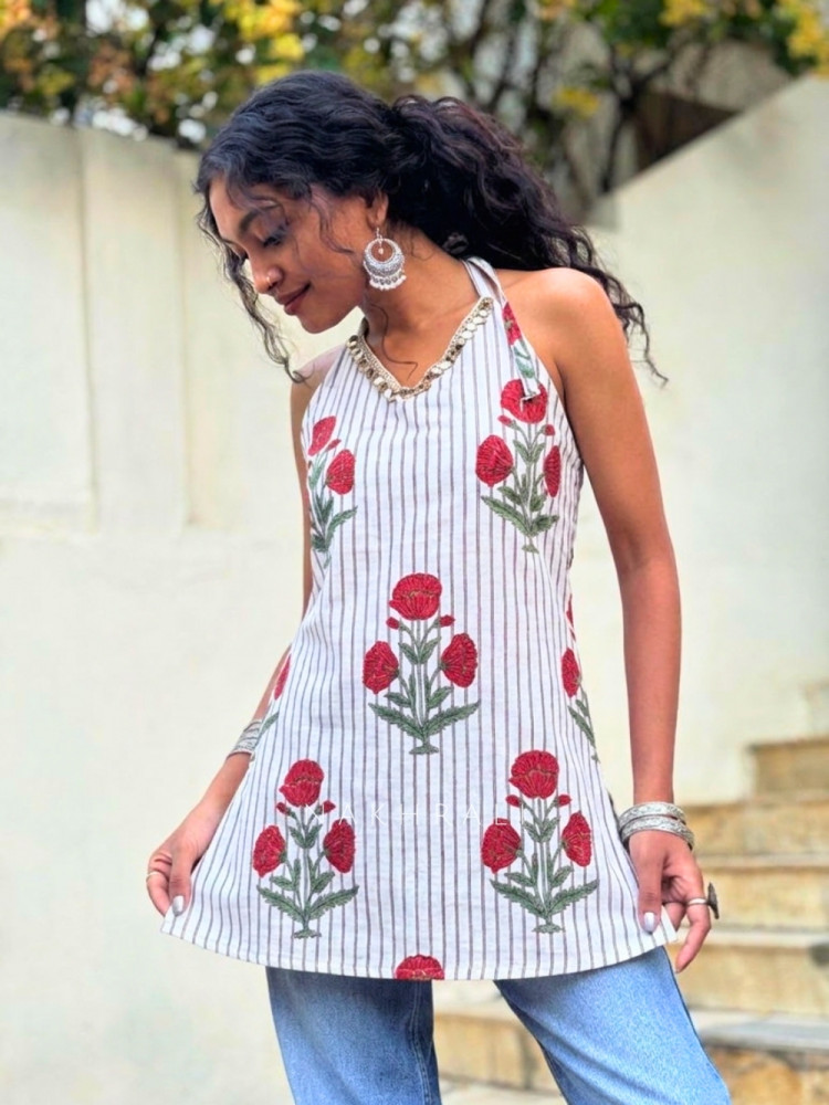 Image of Mirelle Off white Floral Printed Top with Sequin Neckline