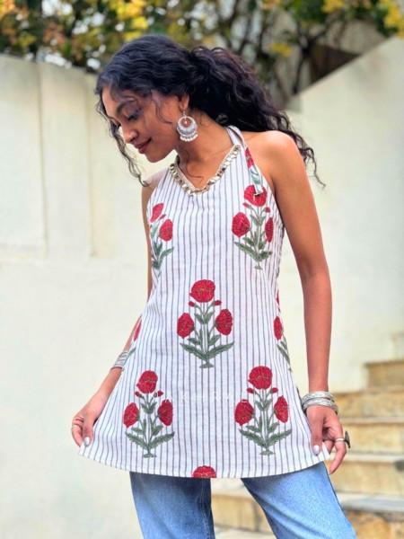 Mirelle Off white Floral Printed Top with Sequin Neckline