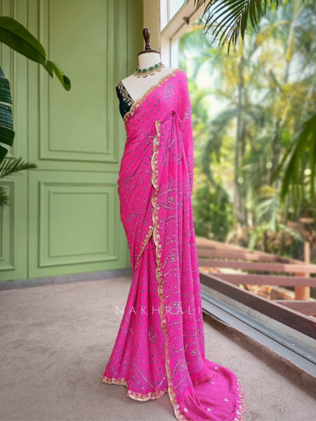 Mehrang Magenta Bandhani Saree with Gota Border