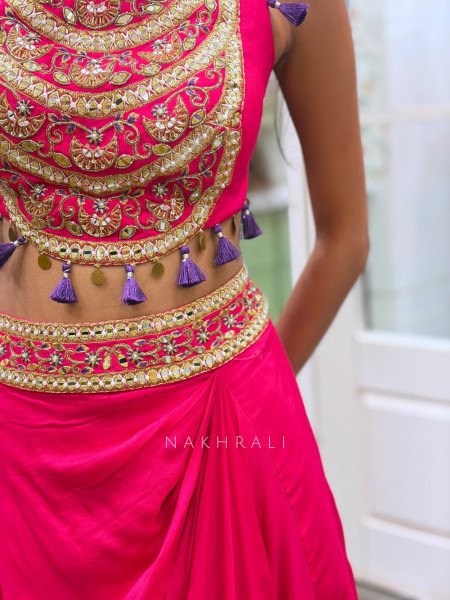 Shivora Magenta Indo-Western Crop Top Set with Mirror Cut Dana Work