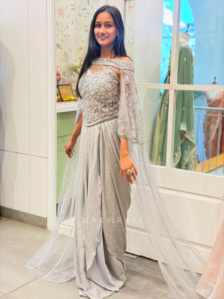 Naya Grey Indo-Western Crop Top Skirt Set with Cut Dana Sequin Work