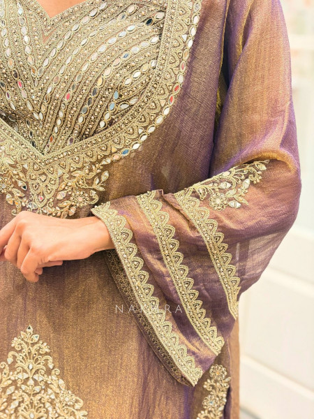 Aura Brown Indo Western Palazzo Set with Mirror Embroidery