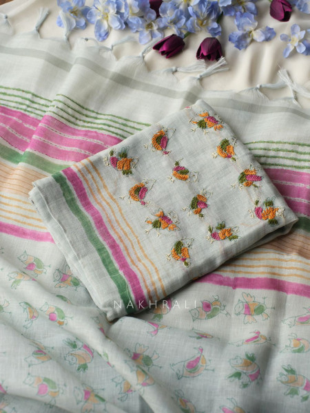 Panchi Pista Green Twill Blend Dress Material with Bird Thread Embroidery
