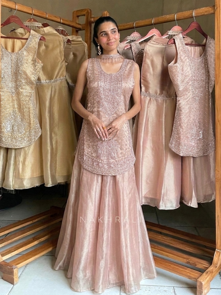 Image of Metamorphic Rose Gold Indo-Western Palazzo Set