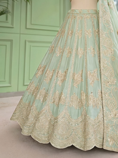 Pank Pista Green Banarasi Silk Lehenga Set With Sequin Floral & Paisley Work