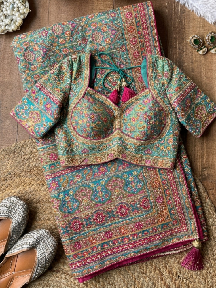 Image of Firoza Rama Green Saree with Multicolor Kalamkari Floral Print