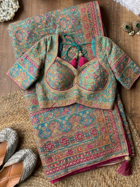 Firoza Rama Green Saree with Multicolor Kalamkari Floral Print