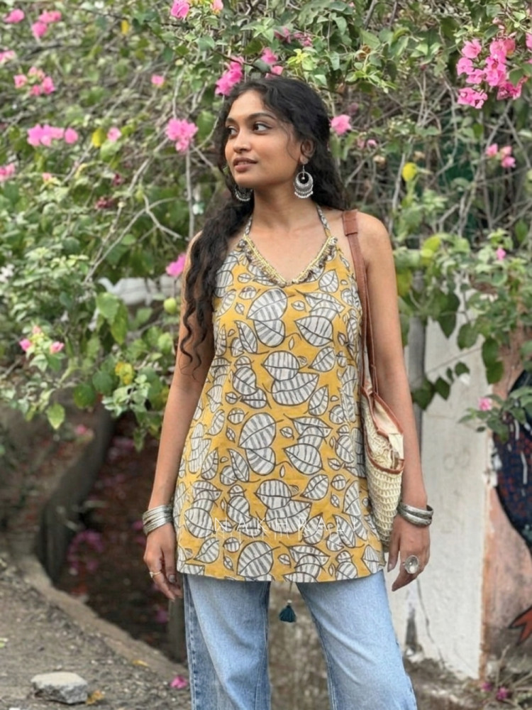 Image of Mirelle Mustard Floral Printed Top with Sequin Neckline