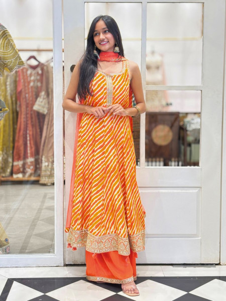 Aabha Orange Crepe Leheriya Suit Set with Zari and Sequin Work