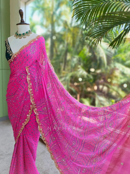 Mehrang Magenta Bandhani Saree with Gota Border