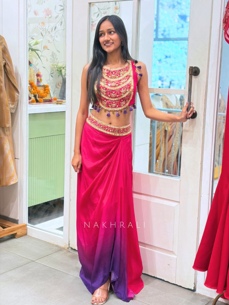 Shivora Magenta Indo-Western Crop Top Set with Mirror Cut Dana Work